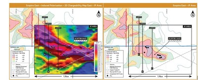 Figure 2: 2D Surface Chargeability - high order anomalism as hot colors (left) and coincident gold in termite and soil geochemistry (right). (CNW Group/Awale Resources)