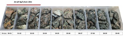 Figure 1: Reverse circulation drill chips of high-grade gold mineralization in OERC-89 (3m at 9 g/t Au from 30m downhole). (CNW Group/Awale Resources)