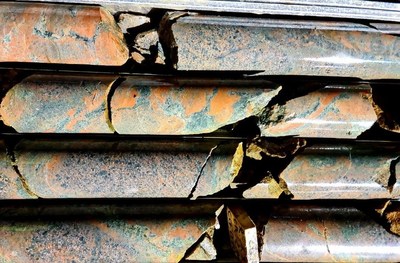 Figure 2. Sulfide (pyrite +/- chalcopyrite) bearing Iron Breccia (with hematite and chlorite) at approximately 25m downhole in OEDD-38. Core is HQ or 6.3cm in diameter (CNW Group/Awale Resources)