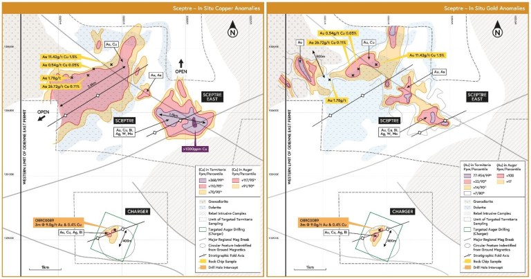 Figure 13: 5-km-long Cu & Au anomalism in soils and termitaria (Cu left, Au right)