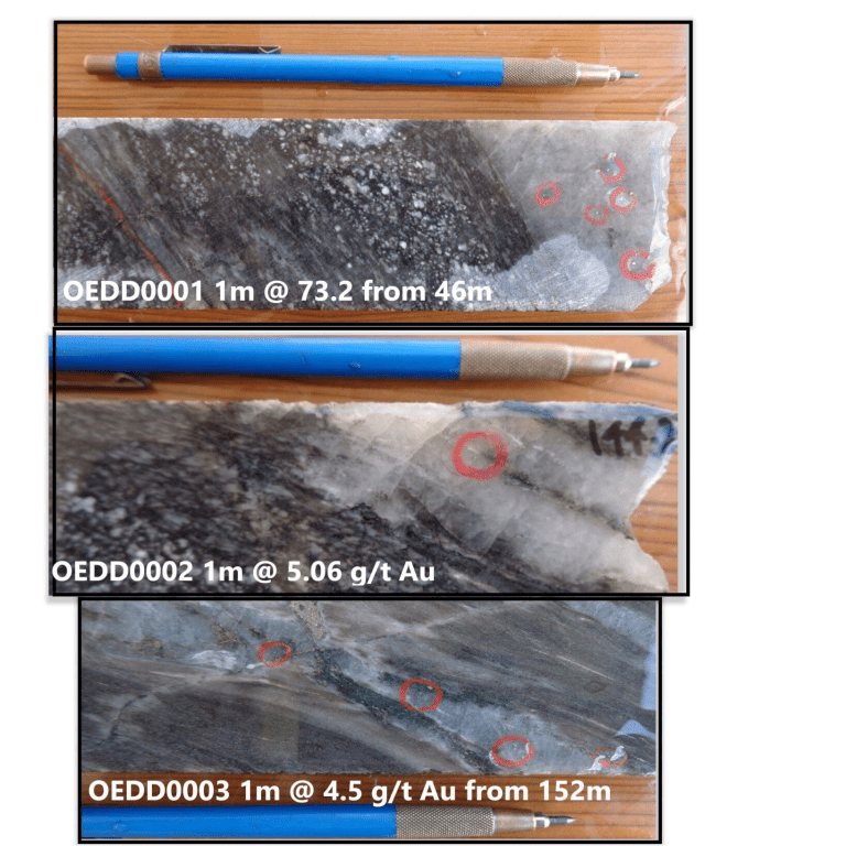 Figure 7: Visible gold is strongly deformed diorite at Empire Main. Alteration assemblages are potassic (biotite, chlorite clinopyroxene, sericite and silica.