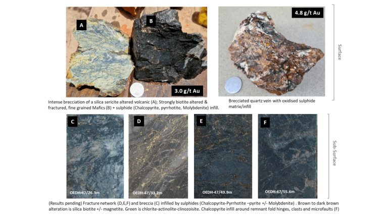 Figure 19: Surface geology vs subsurface geology  - note the sulphide intensity in the fracture networks that cross cut the folded schistosity as well as infill.