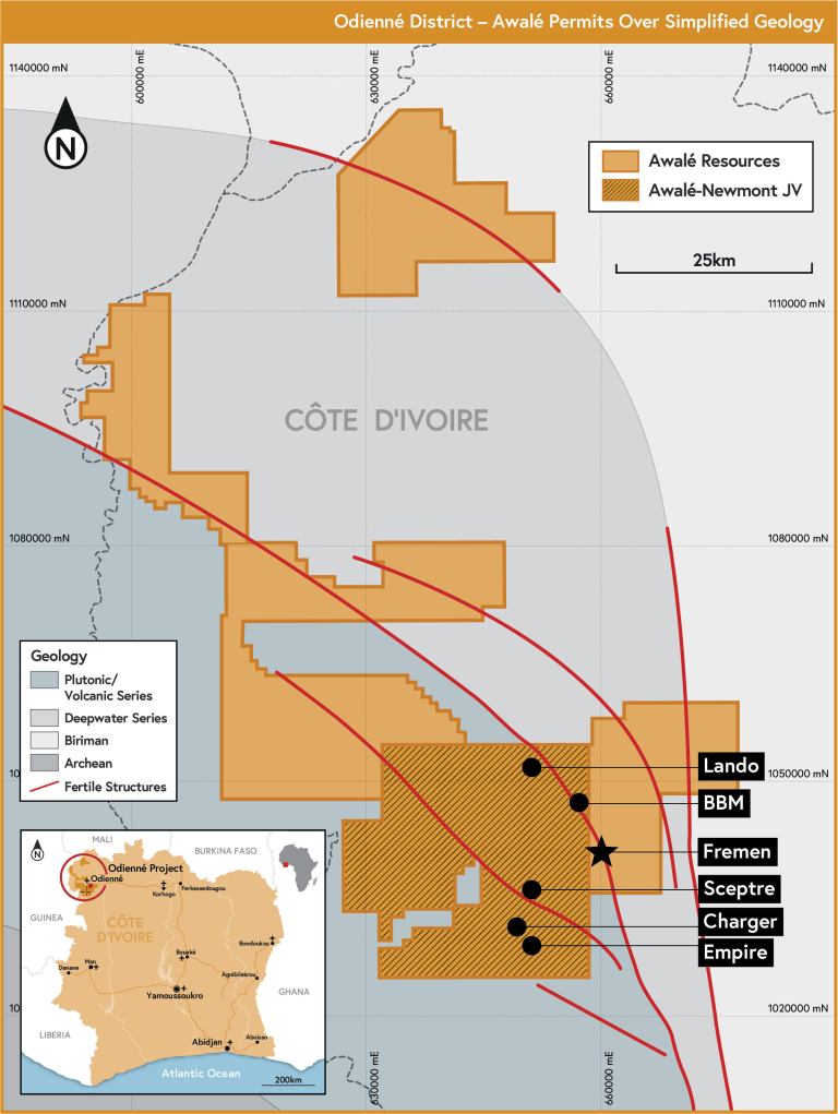 Figure 2: Odienne District – Awalé Resources Permits Over Simplified Geology