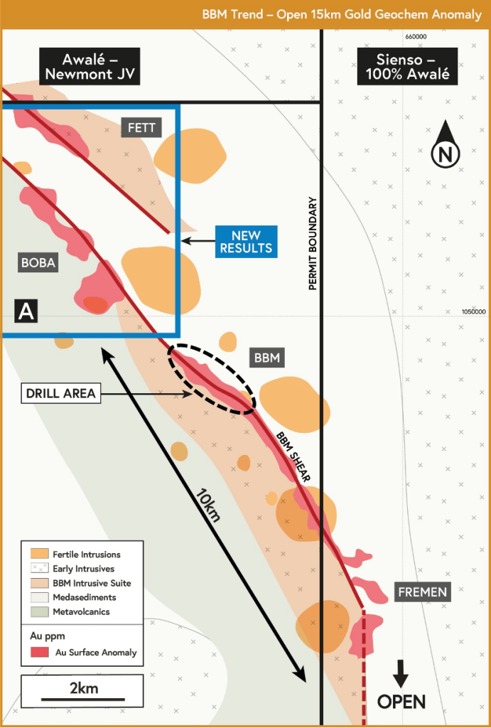 Figure 1: Map - The 15km-Long BBM Shear - A 15km trend with Fremen to the south, BBM, and the new Boba and Fett targets to the north. See Figure 2 for Inset A.