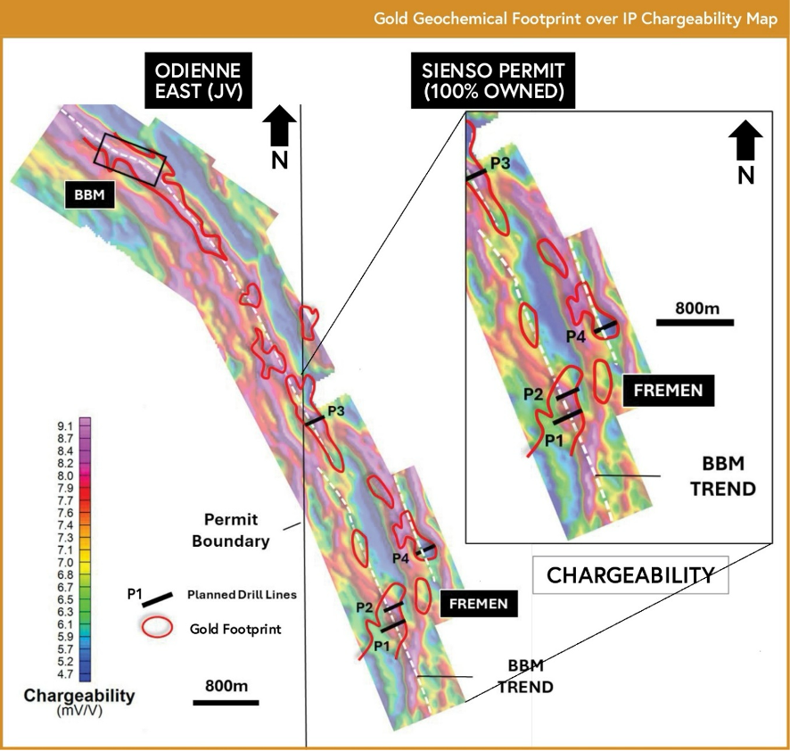 Figure 1: Induced Polarization ‘Chargeability’ image with the BBM and Fremen gold footprint superimposed in red. Planned drill lines for the Fremen target are shown as black lines. Top right in an inset of the Fremen target.